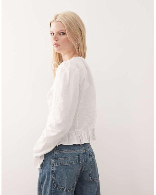 Monki White Keyhole Long Sleeve Top With Peplum Detail
