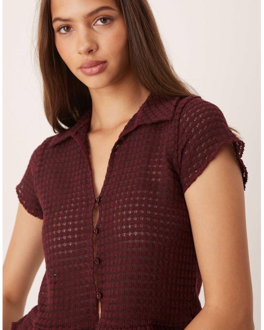 ASOS Brown Crochet Button-through Top With Ruffle Sleeves And Hem