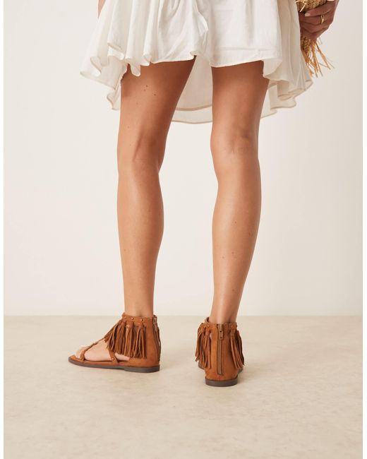 ASOS Brown Feather Studded Fringe Flat Sandals