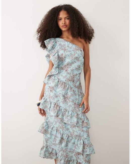 Pretty Lavish White Fleur Linen Mix Tiered One Shoulder Midaxi Dress