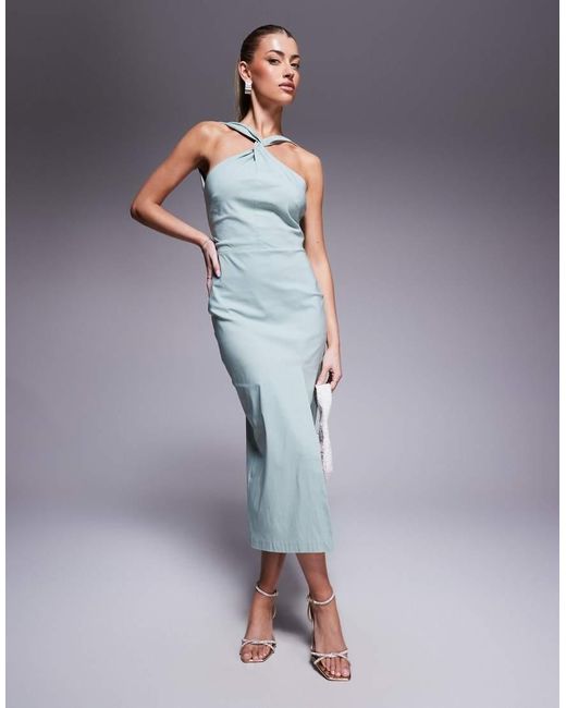 Vesper Blue Cross Neck Midaxi Dress With Thigh Split