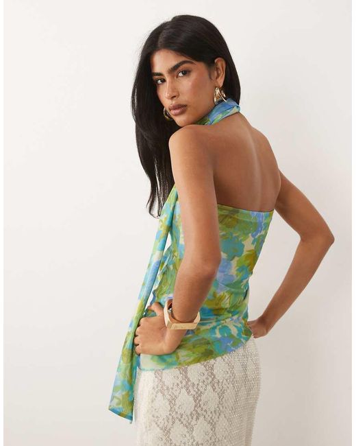 ASOS Green Printed Mesh Bubble Scarf Top With Knot