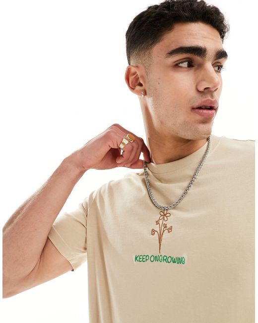 Only & Sons White Relaxed T-shirt With Flower Embroidery for men