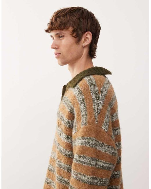 Collusion Brown Knitted Stripe Boxy Collared Sweat Jumper for men