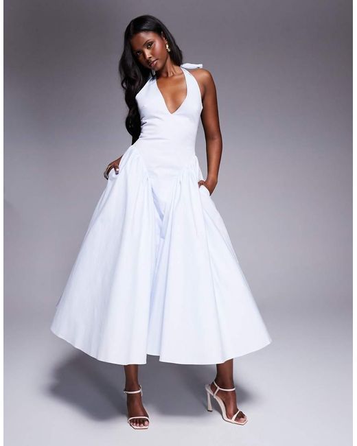 House Of Cb Gray Marilyn Cotton Twill Halter Midi Sundress