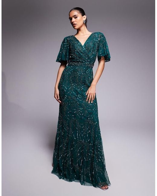 Beauut Blue Embellished V-neck Wrap Flutter Sleeve Maxi Dress