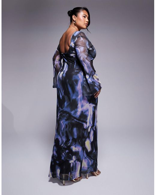 ASOS Blue Asos design curve – netzstoff-maxikleid mit blauem abstraktem blumenmuster, tiefem rückenausschnitt und trompetenärmeln