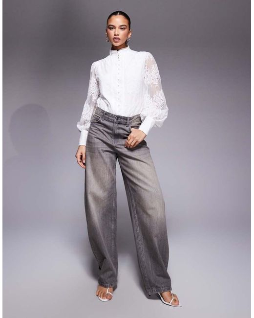 Bardot Gray Olessia Lace High Neck Balloon Sleeve Shirt