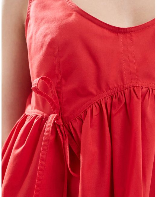 Collusion Red Poplin Smock Top With Tie Detail
