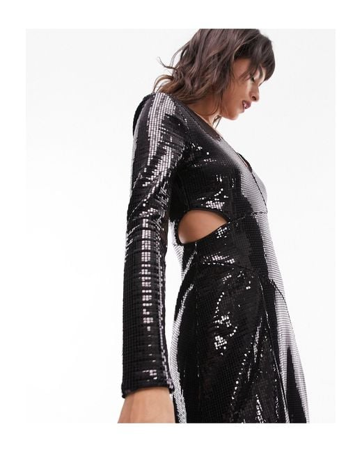 TOPSHOP Black Disco Sequin Cut Out Side Midi Dress