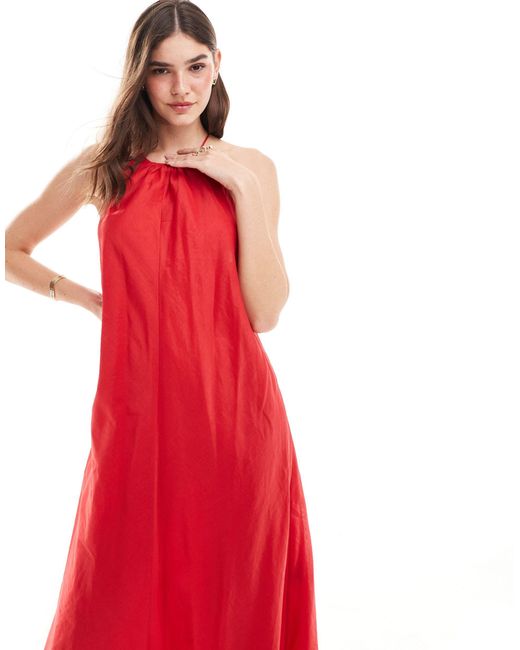& Other Stories Red Halter Neck Midaxi Dress With Cutaway Back