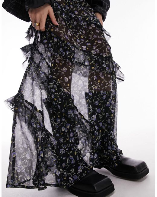 Falda midi transparente con estampado TOPSHOP de color Black