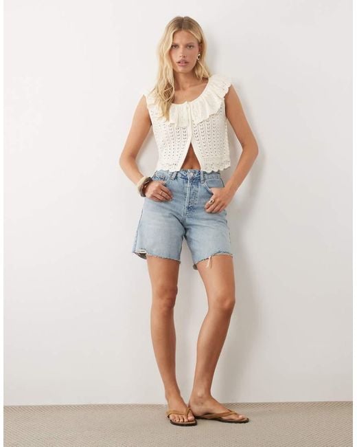 Miss Selfridge Blue Knitted Crochet Tank With Collar Detail