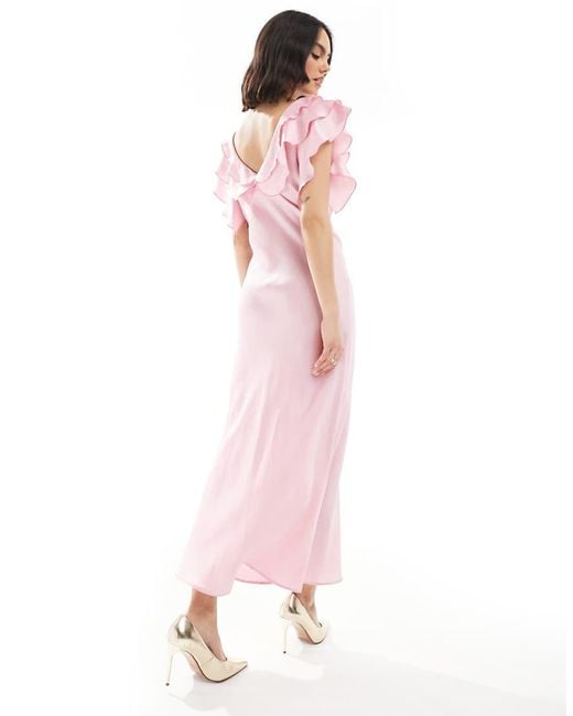 new look ruffle sleeve satin midi dress in pink Bright Pink Satin Flutter Sleeve Midi Dress