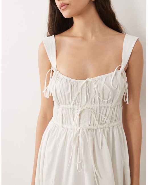 ASOS Natural Ruched Bodice Maxi Sundress With Full Skirt And Multi Stitched Hem