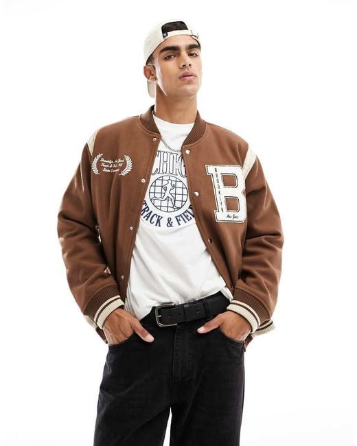 Abercrombie & Fitch Brown Badge Logo Varsity Bomber Jacket for men