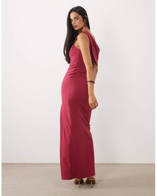 Vesper Red Bengaline Drape Off-shoulder Maxi Dress
