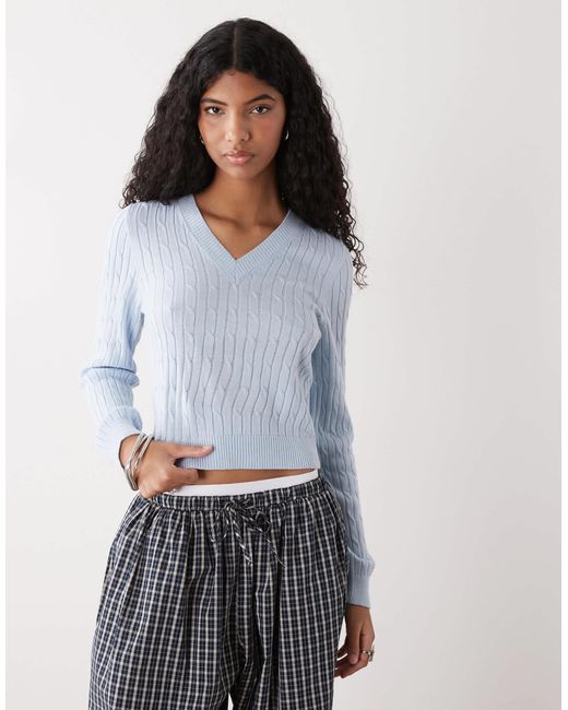 Collusion White V Neck Cable Fitted Jumper