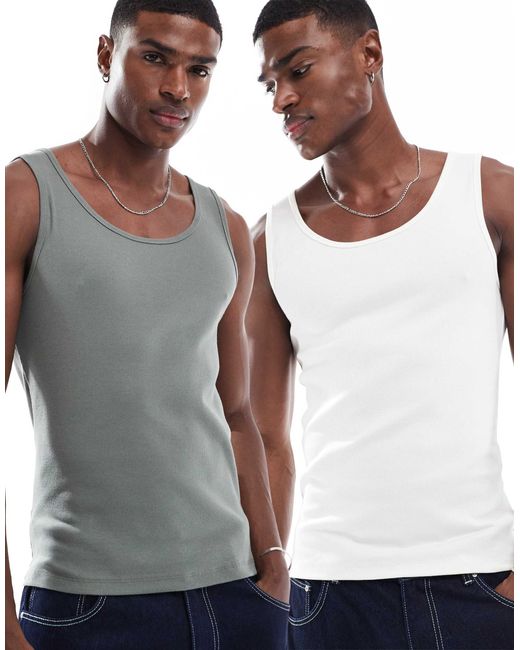 ASOS Gray 2 Pack Muscle Fit Rib Vests for men