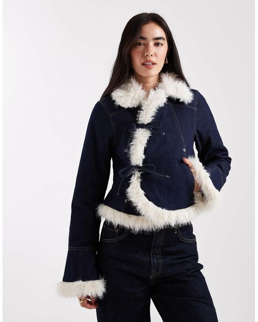 Daisy Street Blue Asymmetric Denim Jacket With Fur Trims And Tie Detail Fastening