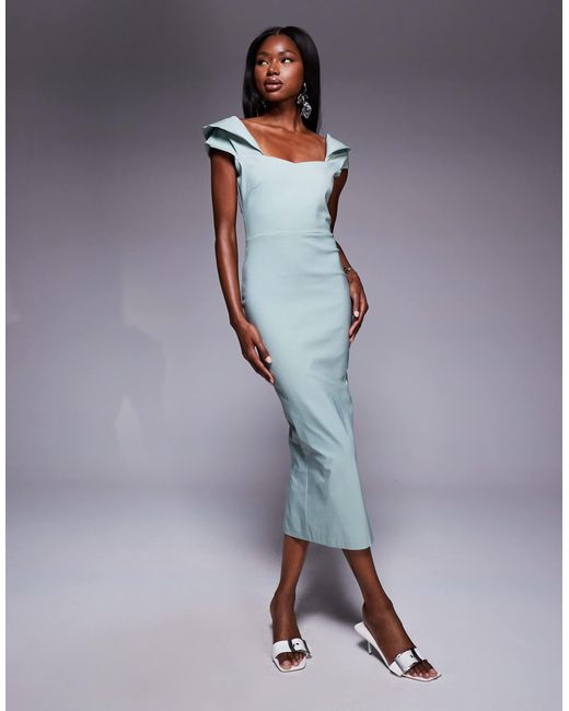 Vesper Blue Bengaline Bardot Drape Sleeve Detail Midaxi Dress