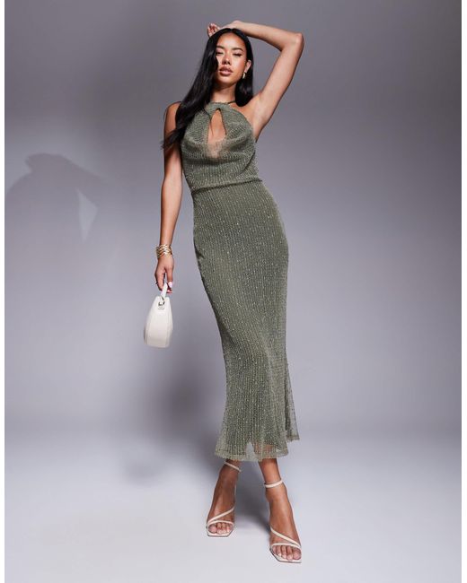 ASOS Gray Crochet Sequin Halter Maxi Dress With Cut Out