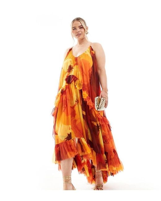 ASOS Orange Asos Design Curve Scoop Neck Trapeze Maxi Dress With Frill