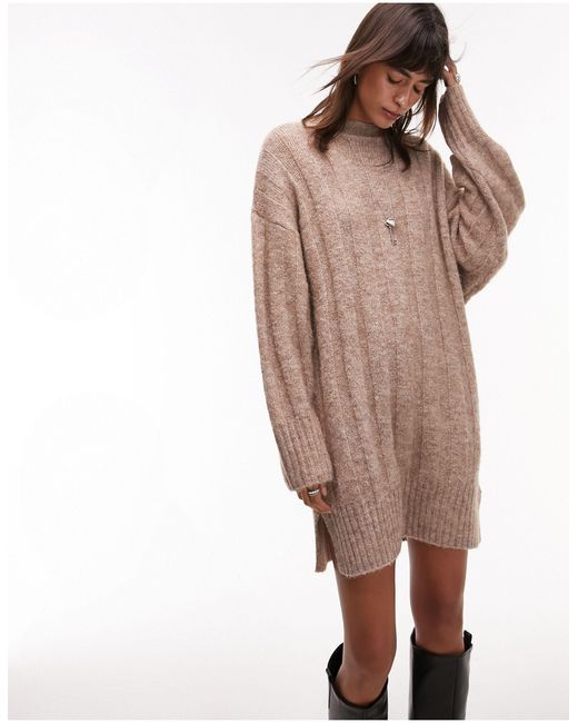 TOPSHOP Brown Knitted Funnel Neck Wide Rib Mini Dress