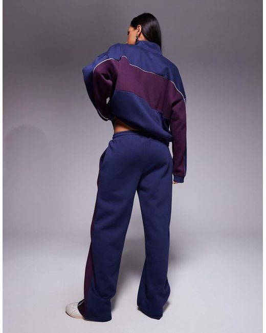 Kaiia Blue Cotton Rich Contrast Side Stripe Wide Leg joggers Co-ord