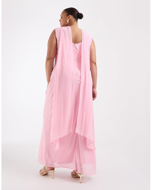 Tfnc Plus Pink Bridesmaids High Neck Chiffon Maxi Dress With Scarf