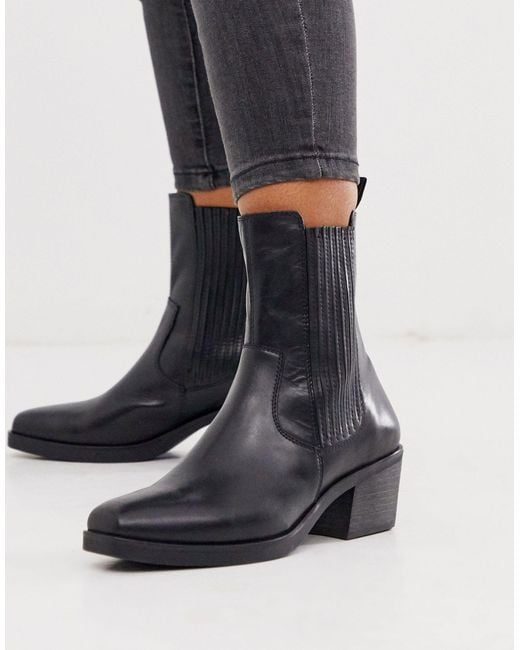 Vagabond Black Simone Leather Western Mid Heeled Ankle Boots With Square Toe