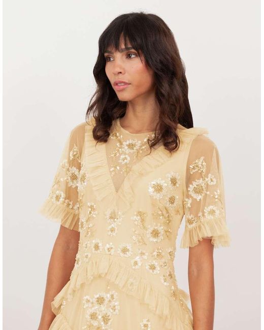 Maya Natural Embellished Angel Sleeve Ruffle Maxi Dress