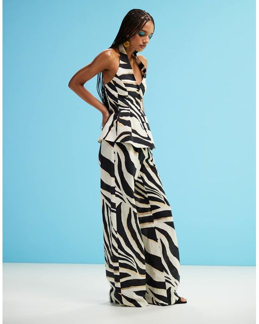 Mango Blue Zebra Wide Leg Linen Mix Trousers Co-Ord