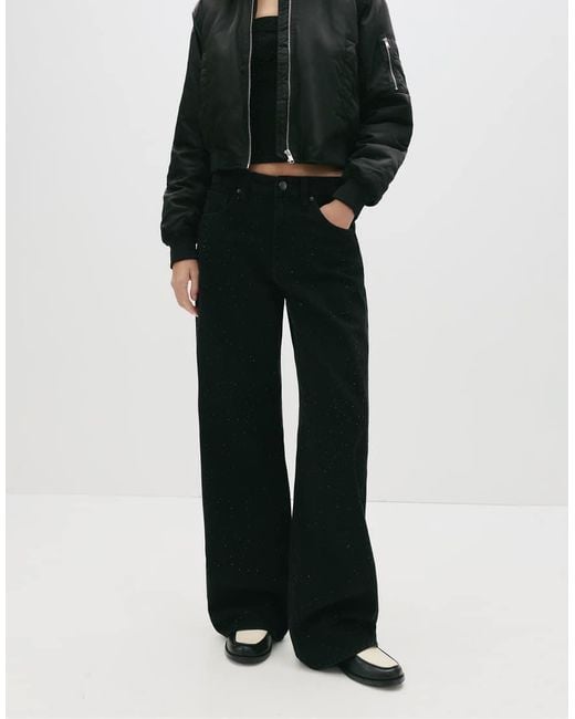 Pull&Bear Black Straight-Leg Baggy Jeans With Rhinestones