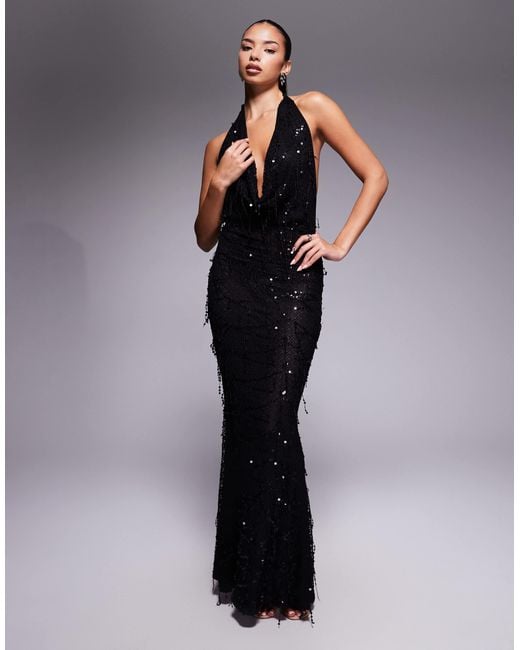 Murci Exclusive Halterneck Plunge Cowl Neck Open Back Fishtail Maxi Dress  in Blue | Lyst