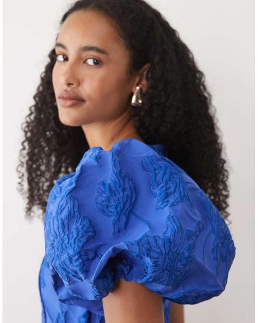 Sister Jane Blue Clover Exclusive Jacquard Puff Sleeve Mini Dress