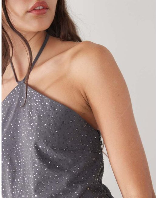 Weekday Gray Halterneck Top With Rhinestones