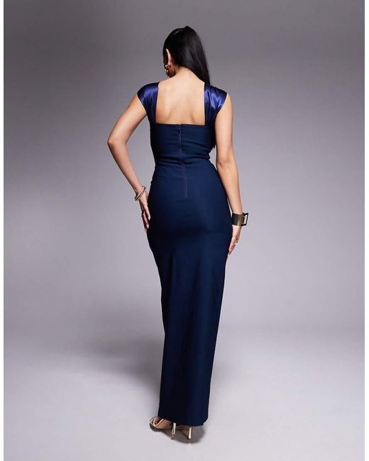 Vesper Blue Halter Neck Maxi Dress With Satin Straps And Thigh Split