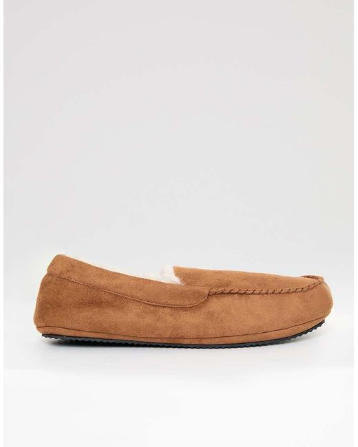 Threadbare Brown Faux Suede Faux Fur Lined Moccasin Slippers for men