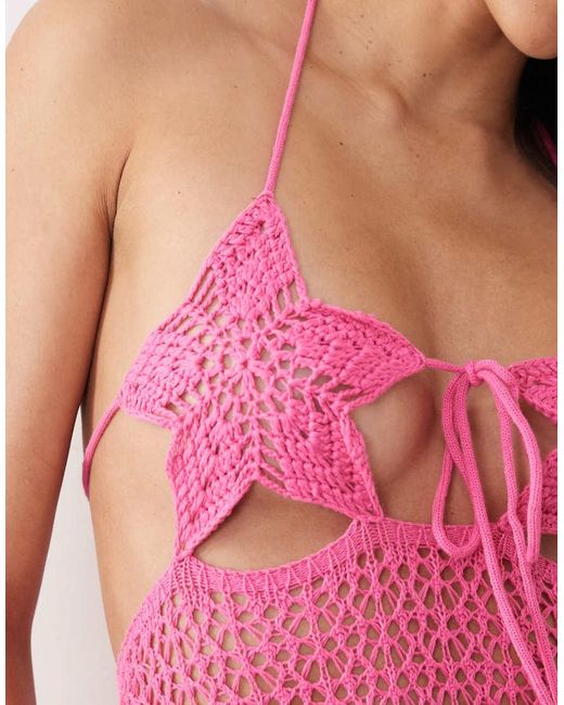 Kaiia Pink Exclusive Halterneck Crochet Star Bust Mini Dress