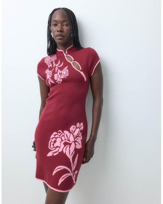 ASOS Red Premium Knitted Floral Mini Dress With Contrast Tipping