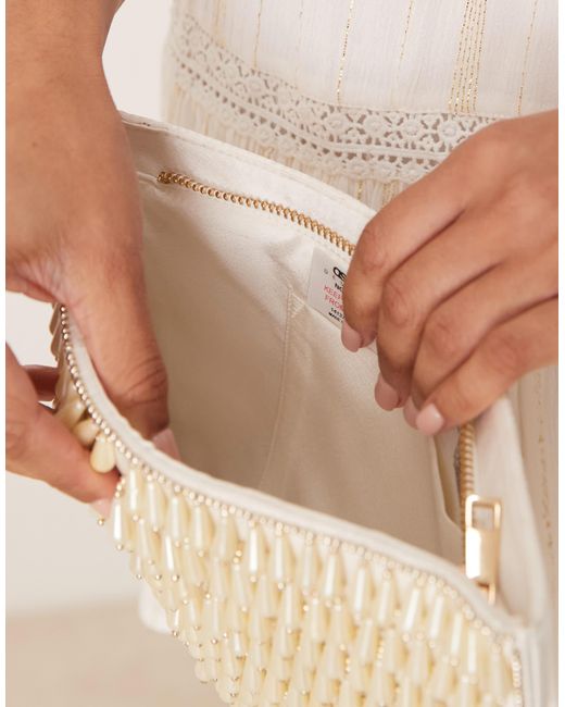 ASOS Natural Zip Top Clutch With Pearl Droplets