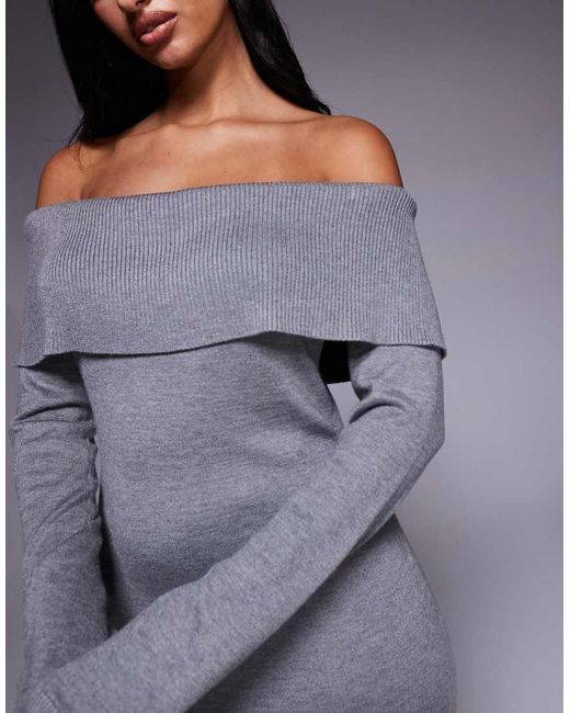 Kaiia Gray Exclusive Slouchy Bardot Foldover Knitted Maxi Dress