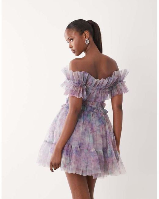 LACE & BEADS Purple Tulle Strapless Ruffle Detailing Mini Skater Dress