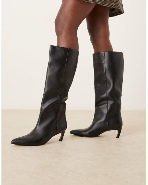 ASOS Black Carmel Pull-On Kitten Heeled Knee Boots