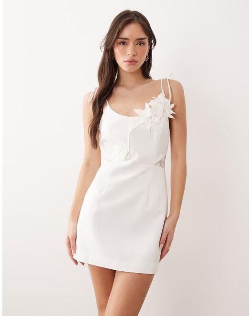 JW PEI White Square Neck 3D Floral Applique Detail Tie Shoulder Lace Panel Mini Dress