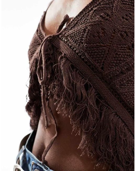 ASOS Brown Crochet Knit Top With Fringing And Tie Back