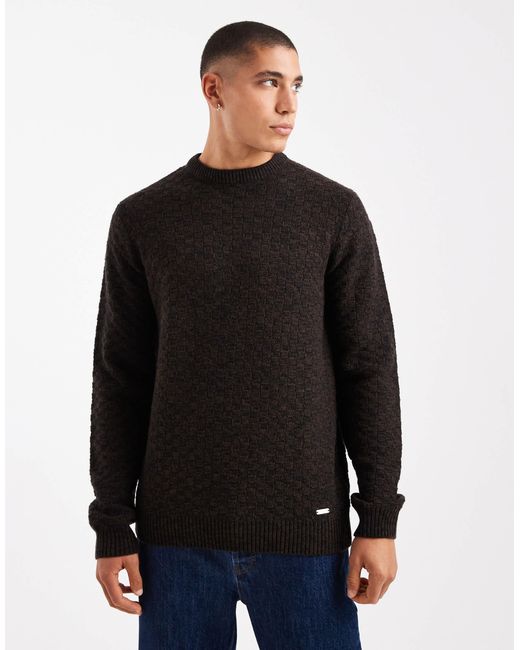 Threadbare Black Crew Neck Textured Knit Sweater for men