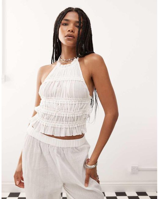 Collusion White Textured Halter Neck Backless Top