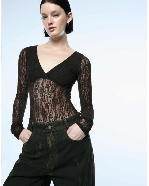 Bershka Black Long Sleeve Lace Bodysuit